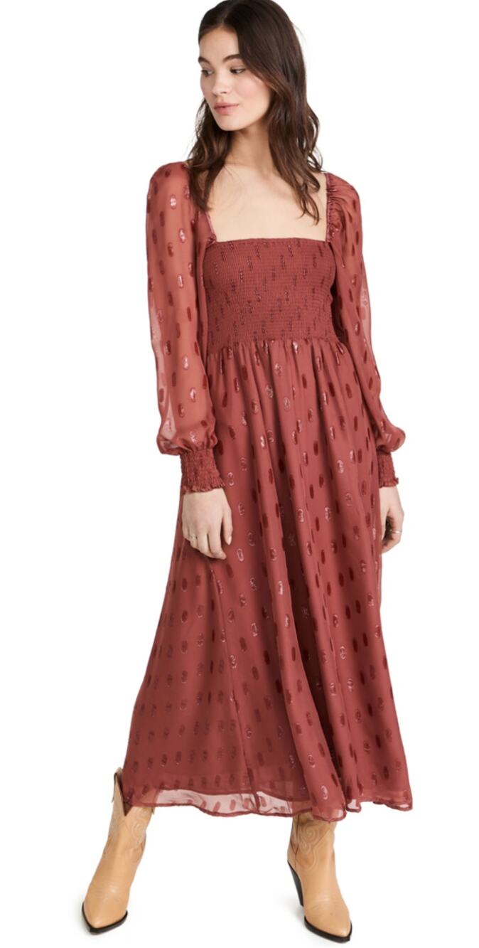 o.p.t Smocked Square Neck Midi Dress Rust Red Sheer Overlay XL wedding guest
